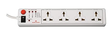 Anchor by Panasonic 4 way 6A International Socket with Single Switch | 4 Way Extension Board with 1.5 Mtr Extension Cord | Multi Plug Socket for Home Wall, Office (22047)