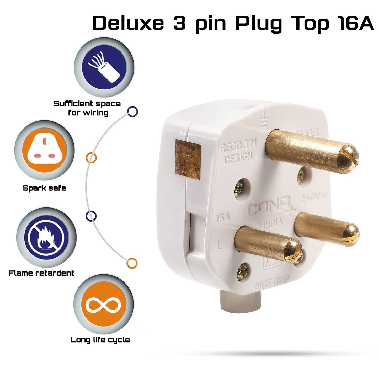 CONA Deluxe 3 Pin Plug Top - White | 3 Pin Top | Electrical Top