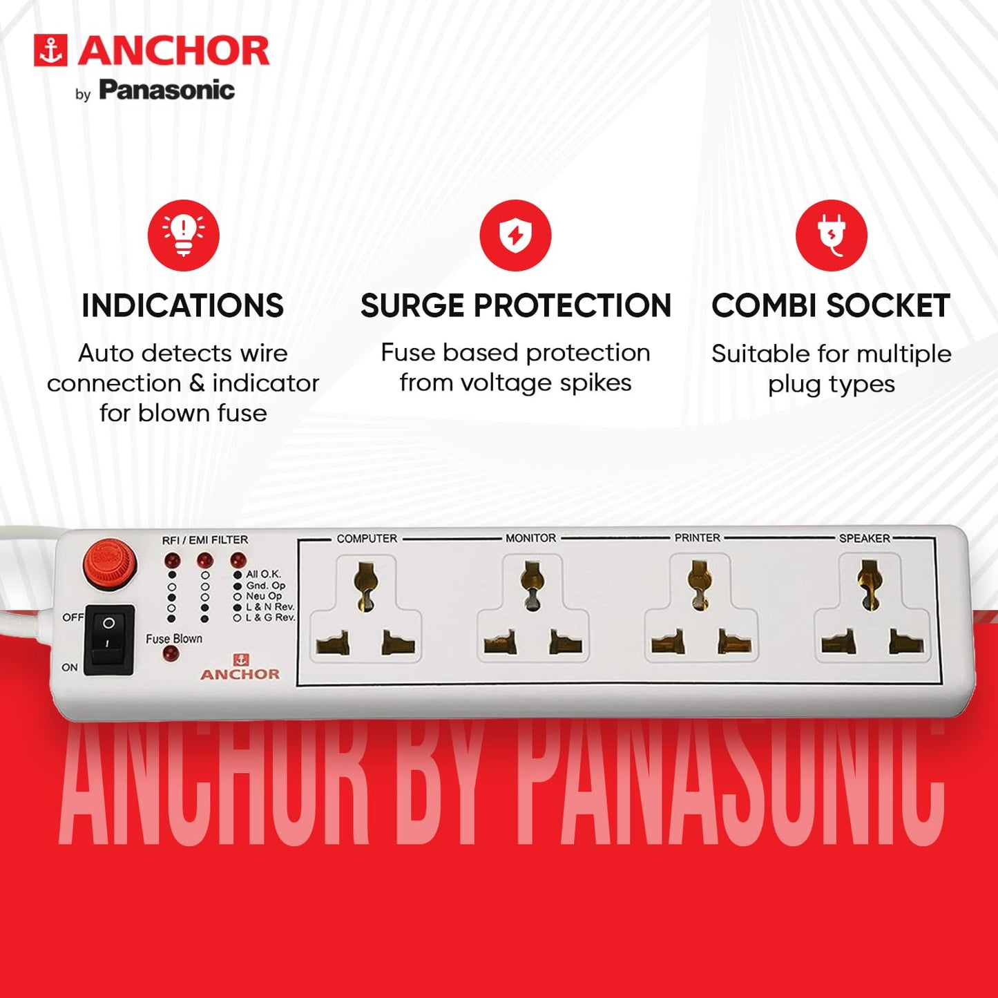 Anchor by Panasonic 4 way 6A International Socket with Single Switch | 4 Way Extension Board with 1.5 Mtr Extension Cord | Multi Plug Socket for Home Wall, Office (22047)