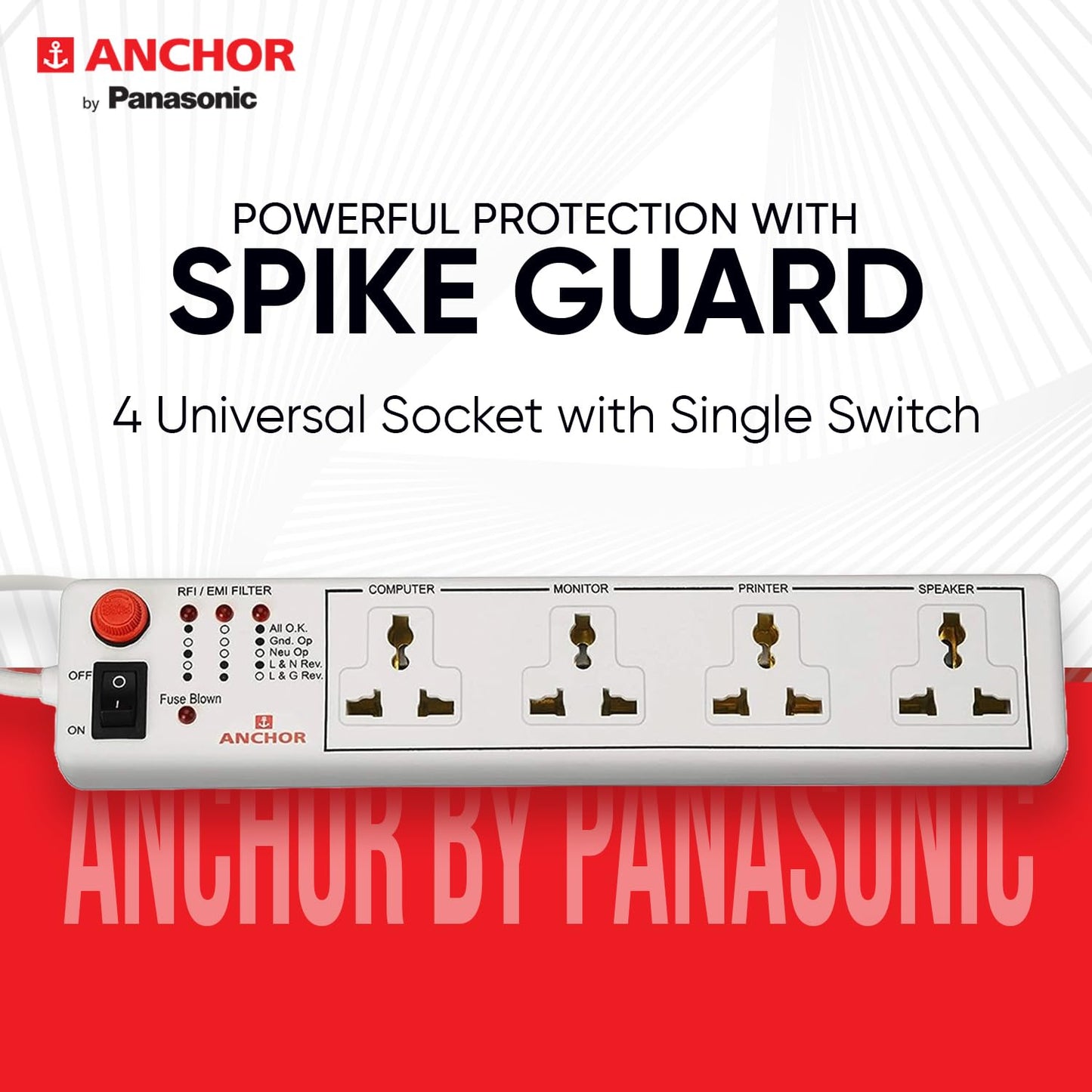 Anchor by Panasonic 4 way 6A International Socket with Single Switch | 4 Way Extension Board with 1.5 Mtr Extension Cord | Multi Plug Socket for Home Wall, Office (22047)