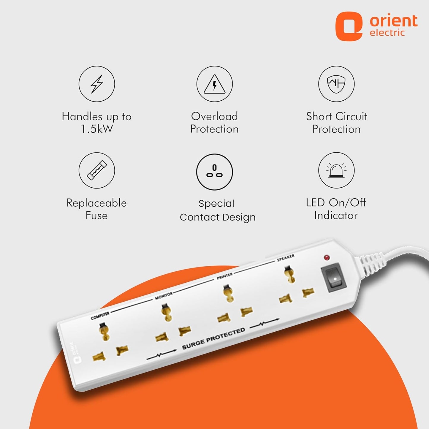 Orient Electric 4 Way Extension Board - HT 5 Mtr (White)